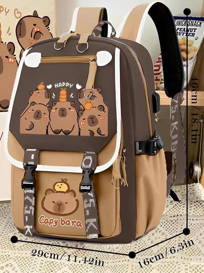 Waterproof Capybara Backpack，Large-capacity Kawaii capybara bag with 11-Piece Accessories (Badges, Pendants, Plush capybara, Stickers and others)