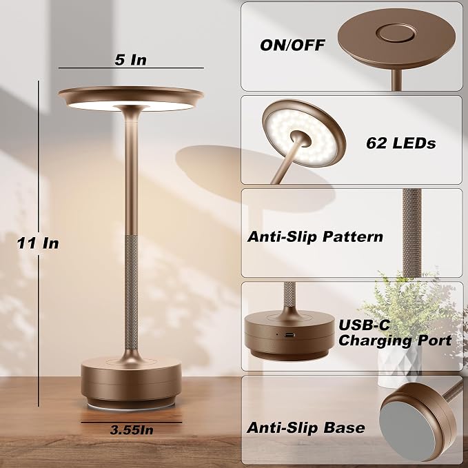 2 Pack Rechargeable Table Lamps Cordless, Portable 5000mAh Outdoor Table Light, 3 Color Stepless Dimming LED Table Lamp with Memory Function, for Home/Dinner/Patio/Restaurant.(Brown)