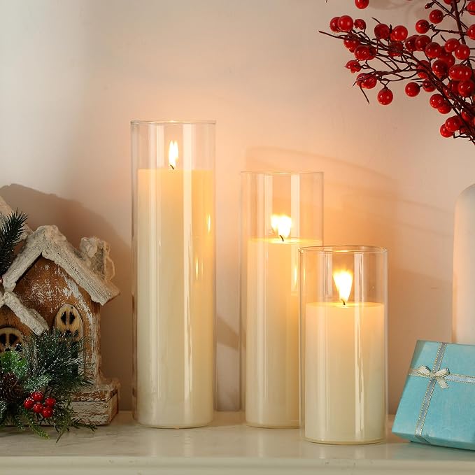 Shihanee Set of 6 Pillar Candles with Glass Cylinder Vases Clear Cylinder Hurricane Candleholders for Slim Tall Pillar Candles Wedding Table Centerpieces(3.4'' X 7", 9.8", 11.8",Ivory)