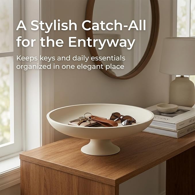Cream Concrete Decorative Fruit Bowl, 11.45" Large Modern Pedestal Bowl for Kitchen Counter, Coffee Table, Entryway Table, Centerpiece Catch All Key Bowl
