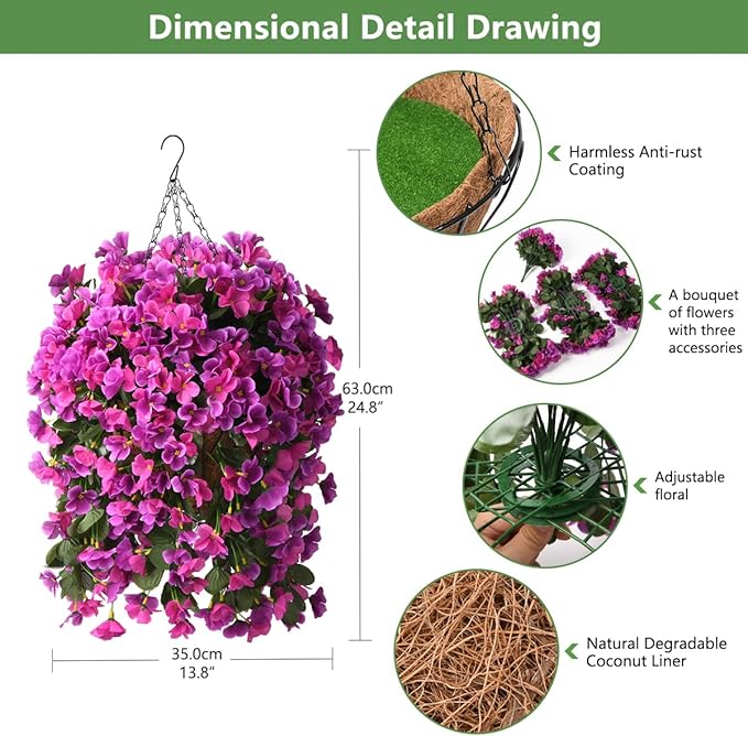 INQCMY Artificial Fake Hanging Plants Flowers Basket for Spring Summer Outdoor Outside Decoration,Faux Silk Begonia Flower in Planter Look Real UV Resistant for Home Porch Patio Balcony Yard Decor