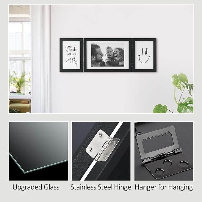 Afuly 5x7 Picture Frame Black 4x6 3 Picture Frames Collage Hinged Folding Triple Photo Frames Home Decor for Wall Desktop Christmas Wedding Birthday Gifts for Women Mom Grandma Family, 2*4x6+1*5x7