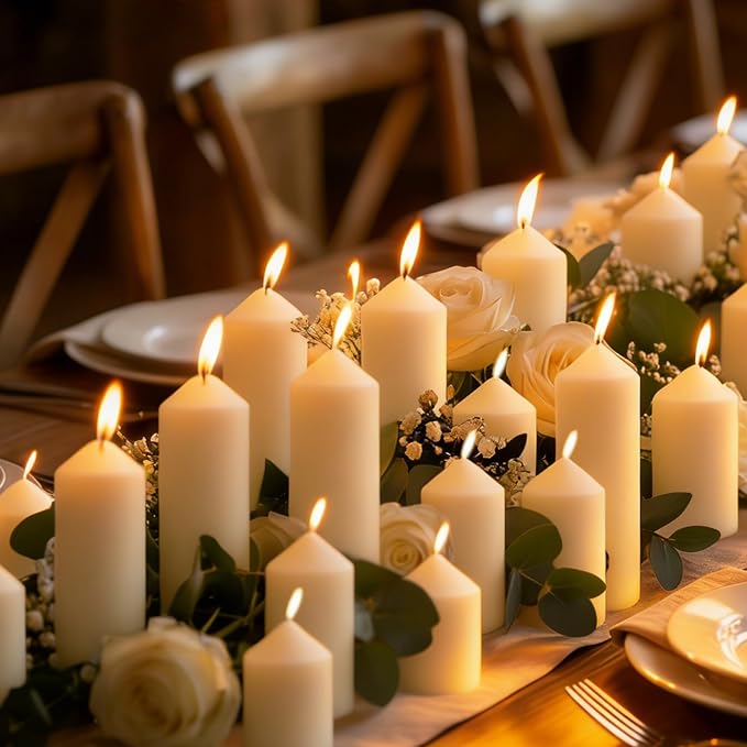 72 Pcs Ivory Pillar Candles Bulk Set | Unscented Dripless Smokeless Wax Candles | 3 Assorted Sizes: 2x3, 2x4, 2x6 for Wedding Centerpiece, Hurricane Vases, and Home Decor