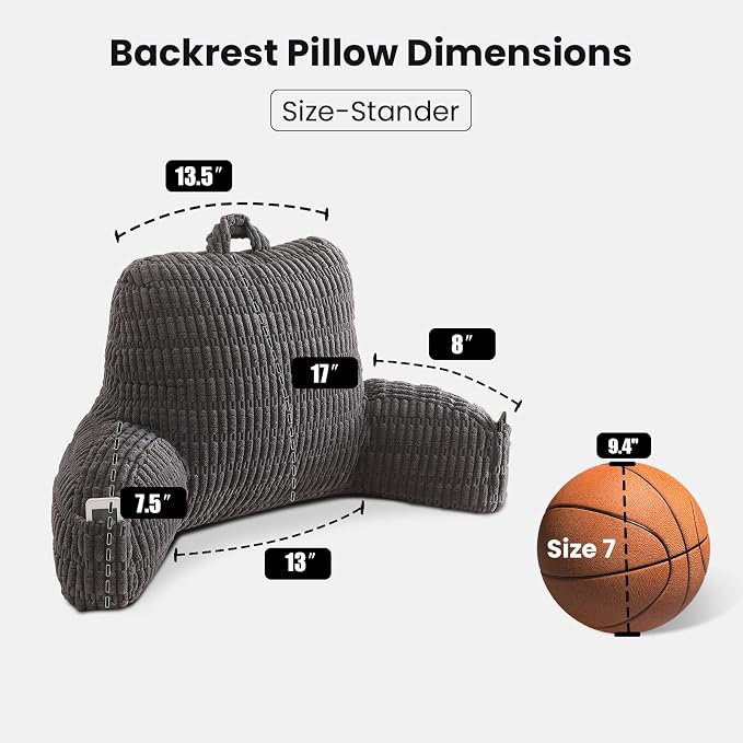 Reading Pillow for Sitting in Bed with Arm,Gray Corduroy,M | Sitting Pillow for Teens Back Support,17" Backrest Pillow Supports Reading,Gaming & Relaxing in Bed,Couch,or Floor