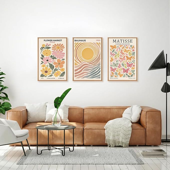 Ausril Boho Flower Market Framed Canvas Wall Art Set, Matisse Floral Wall Decor, Abstract Botanical Wall Painting, Nature Floral Illustration Art Prints for Living Room, Bedroom, Office 24"X36"X3