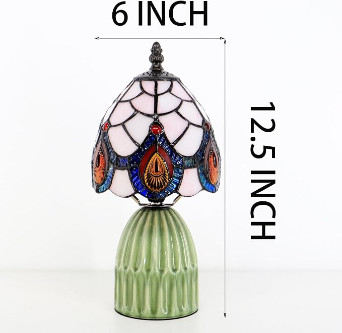 Tiffany Stained Glass Mushroom Table Lamp 12.5 Inch -Pink Peacock | Tiffany Lamp,6X6X12.5 Inch,Small Night Light,Ceramic Base, Mini Accent Light Suitable,Bedside,Bedroom, Children Room,Antique