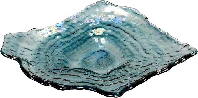Oyster Shell Decorative Plate, 10 Inch Sea Blue Iridescent Glass | Compact Freeform Shell Form, Wavy Uneven Edges, Glossy Multitone Finish, Sits Flat for Tabletop Display