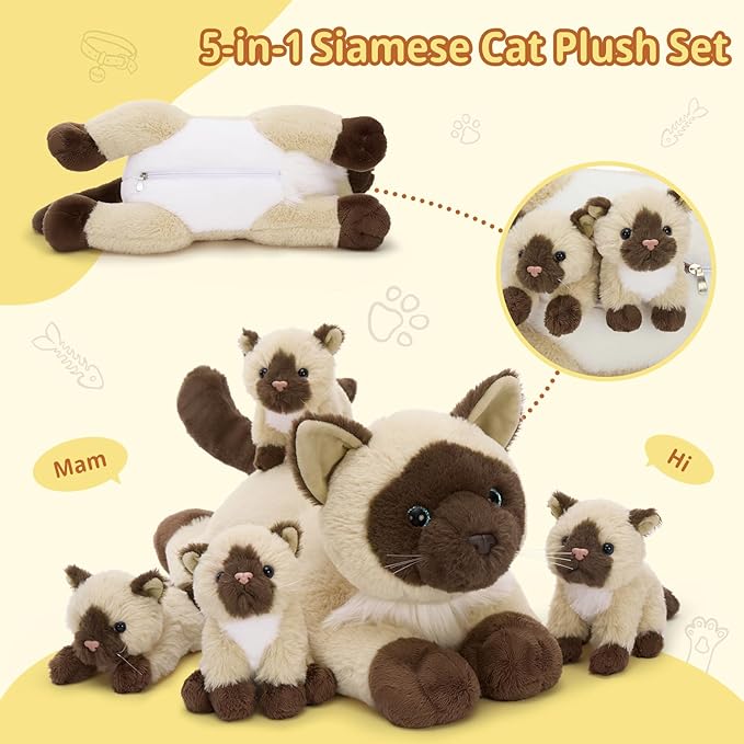 MorisMos 5 Pcs Siamese Cat Stuffed Animal, 19 Inch Large Mama Cat with 4 Baby Kittens, Soft Gift Toy for Kids, Cat Lovers & Nursery Decor, Birthday