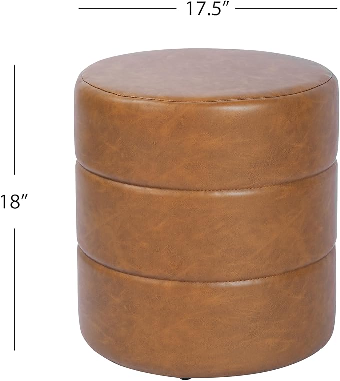 HomePop Upholstered Faux Leather Round Ottoman (No Lid, Seat Only) | HomePop Home Décor | Round Pouf Foot Rest – Camel Brown Faux Leather