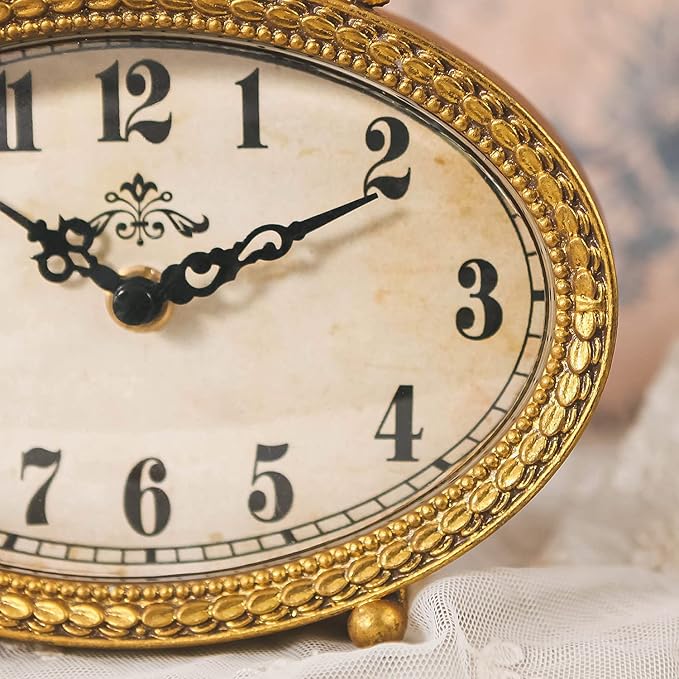 NIKKY HOME Vintage Table Top Clock, Silent Small Shelf Desk Clock Battery Operated Rustic Design, Home Decor for Living Room, Bedroom, Bedside, Gift Clock - Gold