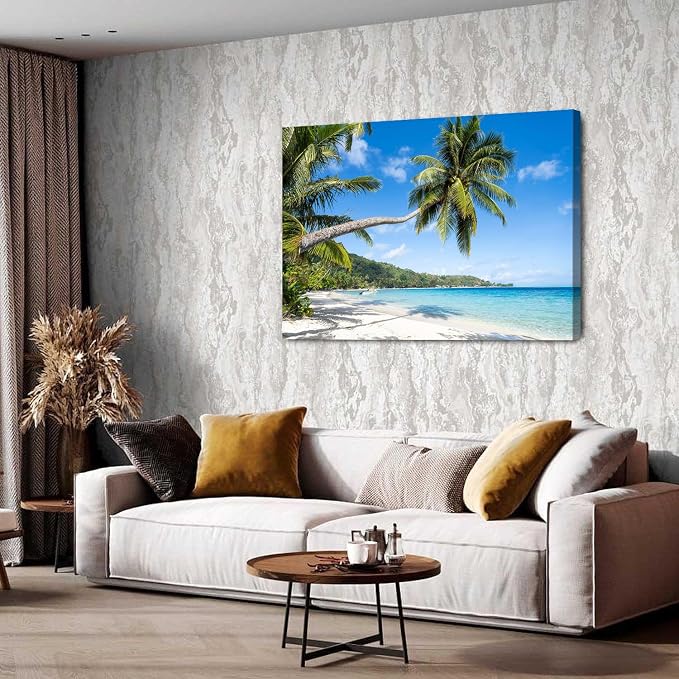 Beach Palm Tree Wall Art Coastal Ocean Pictures Wall Decor for Living Room Nature Scenery Canvas Print Tropical Seascape Painting Ocean Artwork for wall Bathroom Bedroom Kitchen Home Decorations 32x48