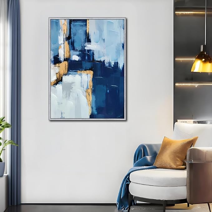 Sofoney - Hand Painted Blue and Gold Abstract Canvas Wall Art Heavy Textured Blue and White Wall Decor with Gold Foil for Living Room Bedroom - 24"x32", Silver Framed