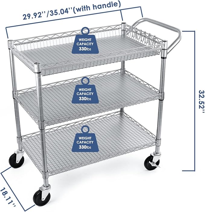 WDT Heavy Duty 3 Tier Utility Cart,Wire Rolling Carts with Wheels, Commercial Grade Service Cart with Shelving Liners and Handle Bar Metal Carts for Kitchen Office Hardware