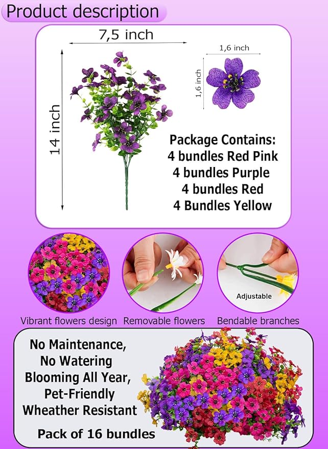 AXYLEX Artificial Flowers for Outdoors Fake Plants - 16 Bundles Faux Outside Greenery Boxwood UV Resistant Plastic Shrubs Decor (Mixed)