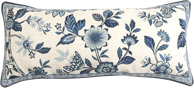 bilin gaier Designer Vintage Linen Throw Pillow Cover,28"x12"-Suqing A | Elegant Rectangular Pillow Cover,Concealed Zipper,Blue Floral Pattern,Sofas,Bedroom,Living Room,Lounge Chairs