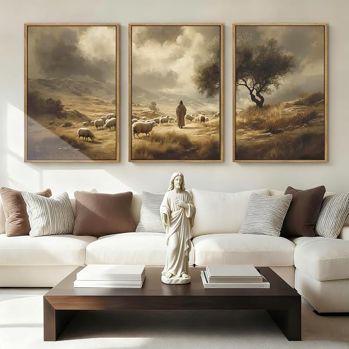 HPNIUB Neutral Jesus Leaves the 99 Sheep Framed Wall Art Set | Easter Lost Lamb Christian Religious Vintage Inspiring Good Shepherd Artwork for Church Room Christian Faith Gift-16''x24''x3