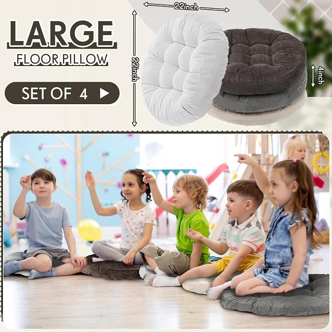 Jerify 4 Pcs Floor Pillow Cushions Large Round Square Large Meditation Floor Pillow for Classroom Adult Meditation Picnic Party Seating Learning Daycare School (Round,Graded Grey)