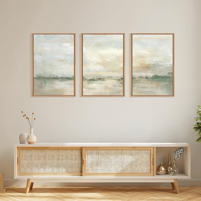 LHIUEM Large Abstract Green Gray Pastel Framed Canvas Wall Art,Neutral Landscape Wall Decor,Modern Watercolor Lake Artwork,Beige Textured Illustrations Art for Living Room,Bedroom,Office- 24"x36"x3