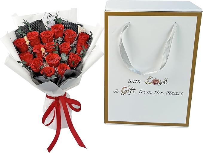 Qutawua 16 Piece Preserved Flower Rose Bouquet, Forever Flowers Romantic Long Lasting Gift for Delivery to Women,Valentine's.Mother's Day Gift(Red, 16 Rose)