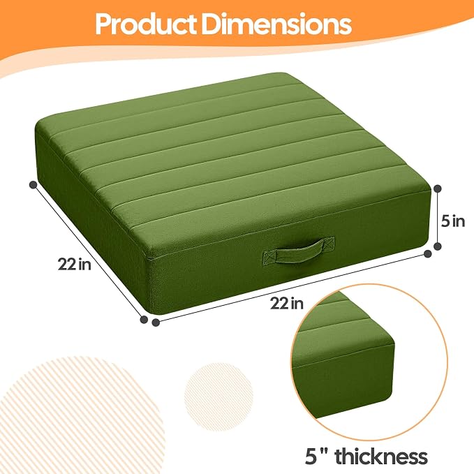 MeMoreCool Square Floor Pillow Seating for Adults Kids, Large Meditation Cushion Floor Pillow with Thick Foam & Soft Tufted Cover, Washable Big Pillow Seat Floor Cushion for Sitting Yoga 22" Green