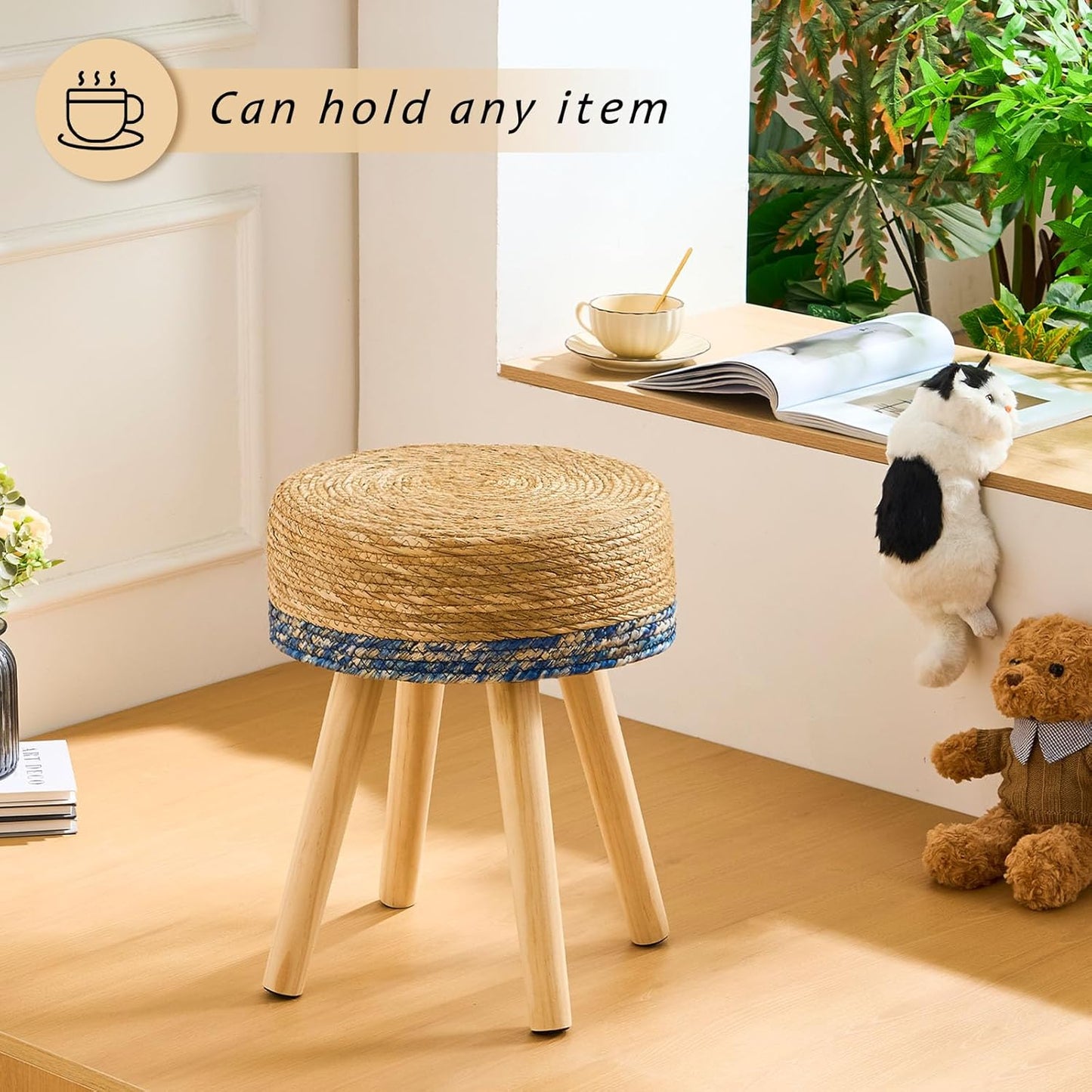 Handwoven Outdoor Ottoman, Water Hyacinth Pouf Round Patio Footstool with Wood Legs, 17-Inch Multipurpose Vanity Stool, Dining Chair, Patio Footrest for Balcony and Garden, Blue