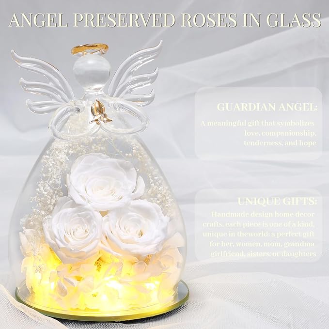 Beferr Mothers Day Mom Birthday Gifts for Women, Fresh Flowers for Delivery Forever Preserved Rose in Glass Angel Figurine, Anniversary Christian Real Rose for Grandma Nana Wife Mum from Daughter Son