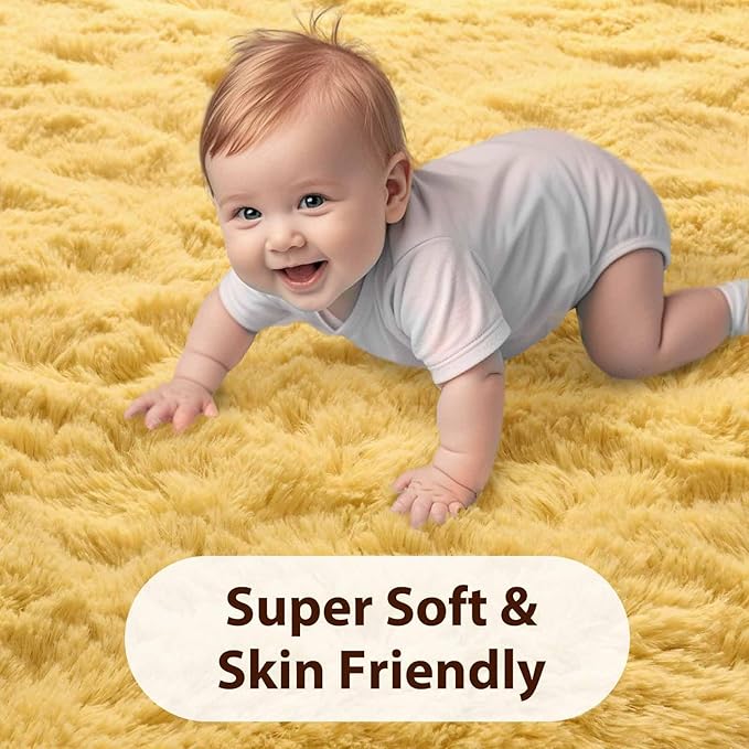 FinRèc 9x12 Feet Yellow Rugs for Living Room Bedroom, Soft Fluffy Shaggy Area Rug, Non-Slip Fuzzy Furry Shag Rug for Nursery Kids Room Dorm Room Home Decor, Indoor Plush Floor Carpet