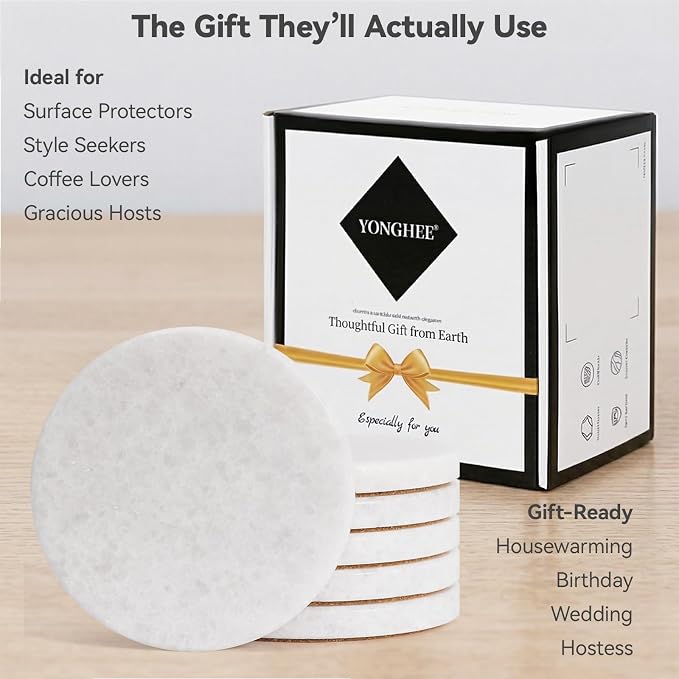 Pure White Marble Coasters Set of 6, Elegant ICY Crystal Coasters for Coffee Table, 4" Round Polished White Stone Coaster with Sparkling Texture – Heat Resistant, Non-Slip, Housewarming Gift
