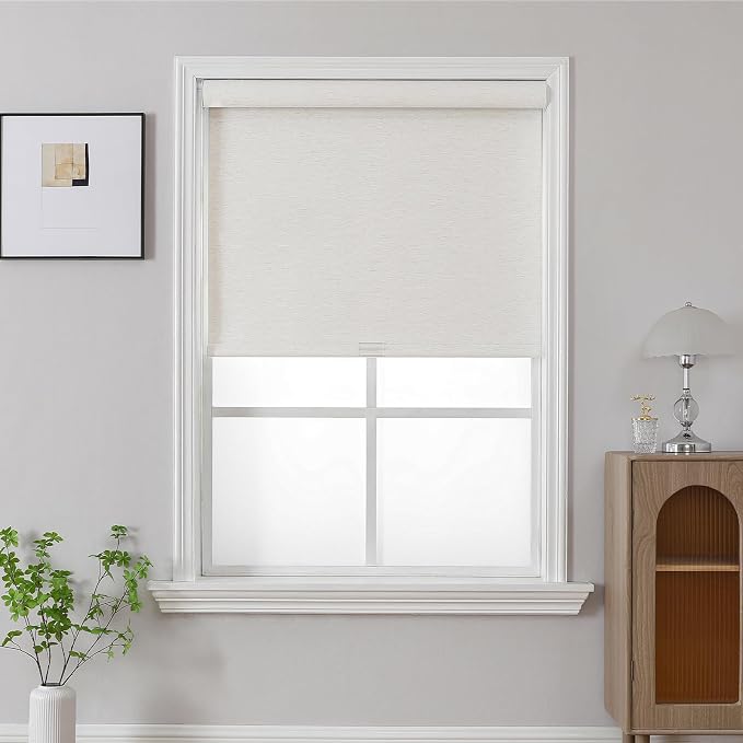 Joydeco Natural Woven Roller Shades for Indoor Windows, Cordless Blackout Blinds with Curved Valance, Thermal Insulated UV Protection Privacy Window Shades for Home and Office (Cream,23" W x 64" H)