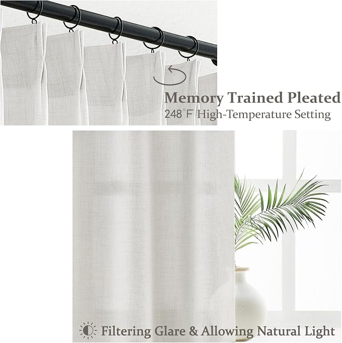 Pinch Pleated Extra Long 132 Inch High Ceiling Luxury Curtains for Living Room 2 Panels Set, Cottage Core Natural Linen Beige White Semi Sheer Drape Light Filtering for 11FT Large Window Curtain Ivory