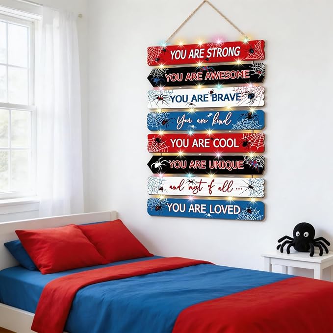 Spider Room Decor with LED Lights Bedroom Boys Room Wall Decor Children Inspirational Motivational Wall Art Wooden Wall Decor Little Boy Kids Room Interior Decor Toddler Room Sign