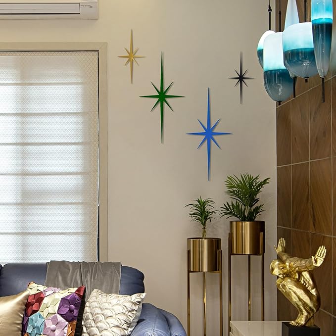 4 Pack Metal Star Wall Art 8 Pointed Starburst Wall Decor Set with 2 Large & 2 Small Pieces Mid Century Celestial Metal Wall Sculpture for Bedroom Living Room Office Gallery Wall