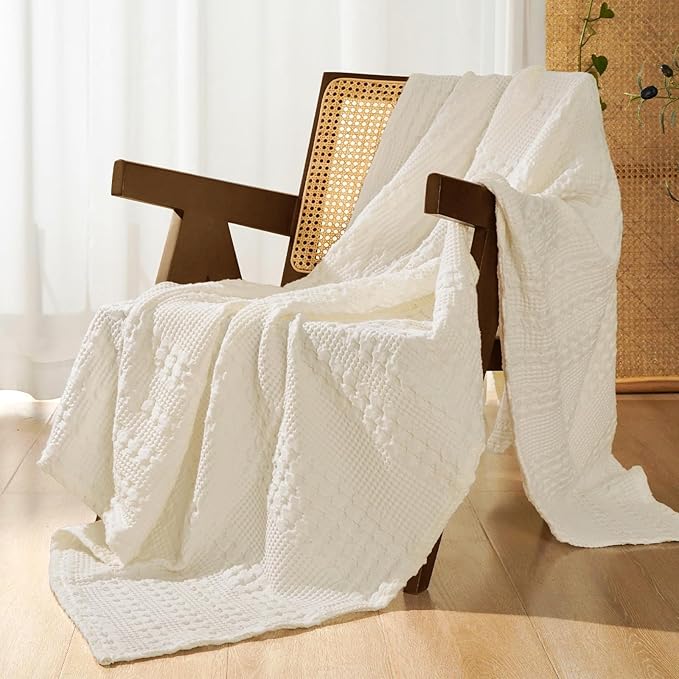 PHF 100% Cotton Waffle Throw Blanket for Couch, Lightweight Breathable and Soft for Summer, Luxury Aesthetic Waffle Weave Blanket for Home Decor & Office, Gifts for Women, 50"x60", Ivory