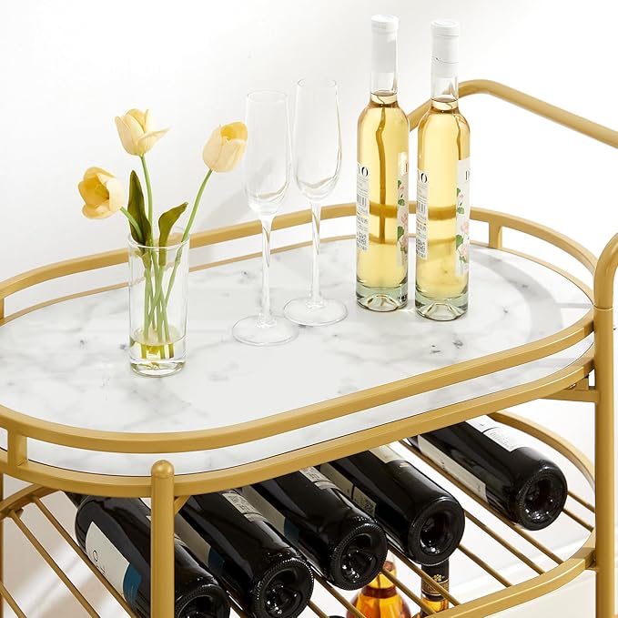 Square Gold Bar Carts with 3 Tier Storage Shelves Holder Home and Rotating Wheels for Home Kitchen, Bar, Dinning Room and Living Room, Easy Assembly
