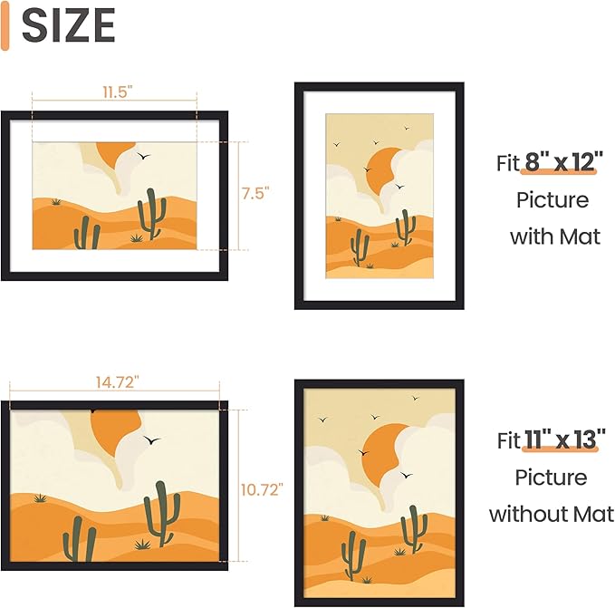 upsimples 11x15 Picture Frame, Display Pictures 8x12 with Mat or 11x15 Without, Wall Hanging Photo Frame, Black, 1 Pack