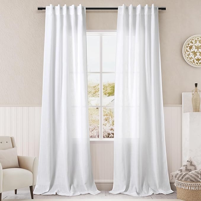 White Linen Curtains 90 inches Long for Bedroom Living Room Back Tab Light Filtering Privacy Sheer Curtains Modern Farmhouse Coastal Decor Cotton Textured Gauze Curtain 2 Panel Set 36x90