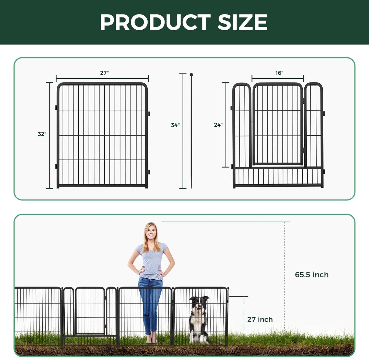 FXW Garden Fence Outdoor for The Yard – 32in(H) x 26.7ft(L) Heavy Duty Metal Animal Barrier for Dog and Rabbit, Decorative Dog Fence, 12 Panels, Black