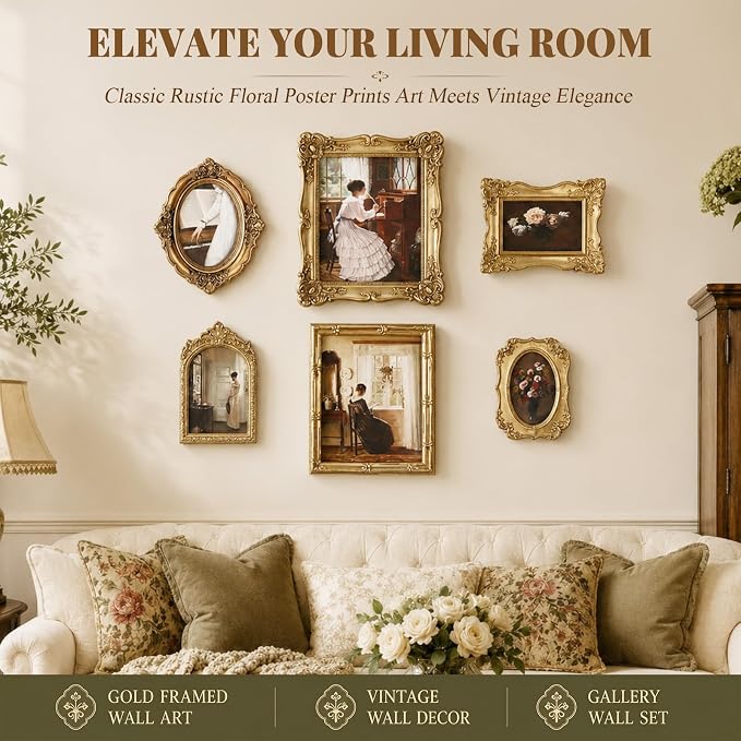 Lineshading 6 Pcs Vintage Gallery Wall Decor, Framed Canvas Wall Art Set with Antique Gold Ornate Resin Frames, French Country Cottage Botanical Floral & Portrait Prints for Living Room Farmhouse Home