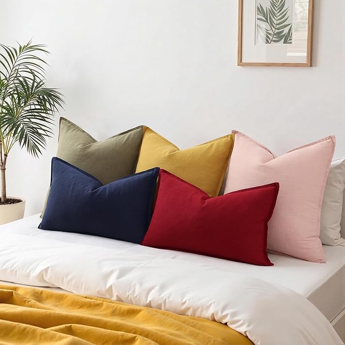 decorUhome Summer Decorative Linen Throw Pillow Covers 12x20 Inch Set of 2 Navy Blue Lumbar Pillow Covers with Flange Edges Soft Farmhouse Boho Accent Pillow Cases for Couch Bed Living Room
