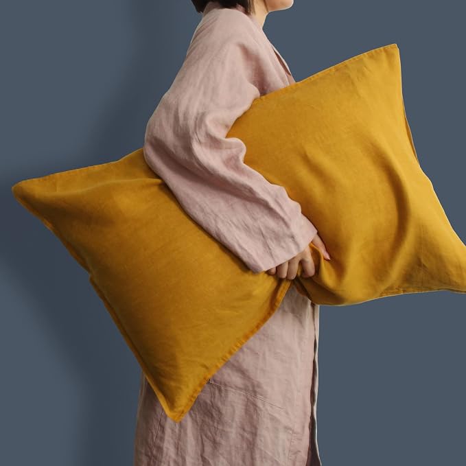 French Natural Linen Pillow Cases Set of 2 - Stone Washed Moisture-Absorbing Pillow Shams, King Size (20''x40''), Yellow