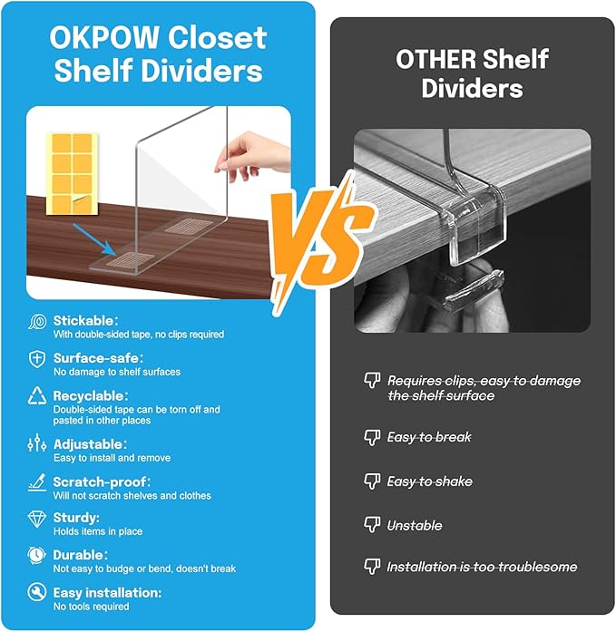 OKPOW Shelf Dividers Closet Organizer - 12" Tall X 11.8" Deep Acrylic Clear Sturdy Separate for Clothes Purse - Adjustable Space Saver Easy Install for Home Organization Enthusiasts 12 Pack
