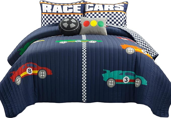 Lush Decor Racing Cars Reversible Quilt Queen Size 5 Piece Set Full/Queen Navy - Kids Bedding Set Queen Quilt - Car Decor