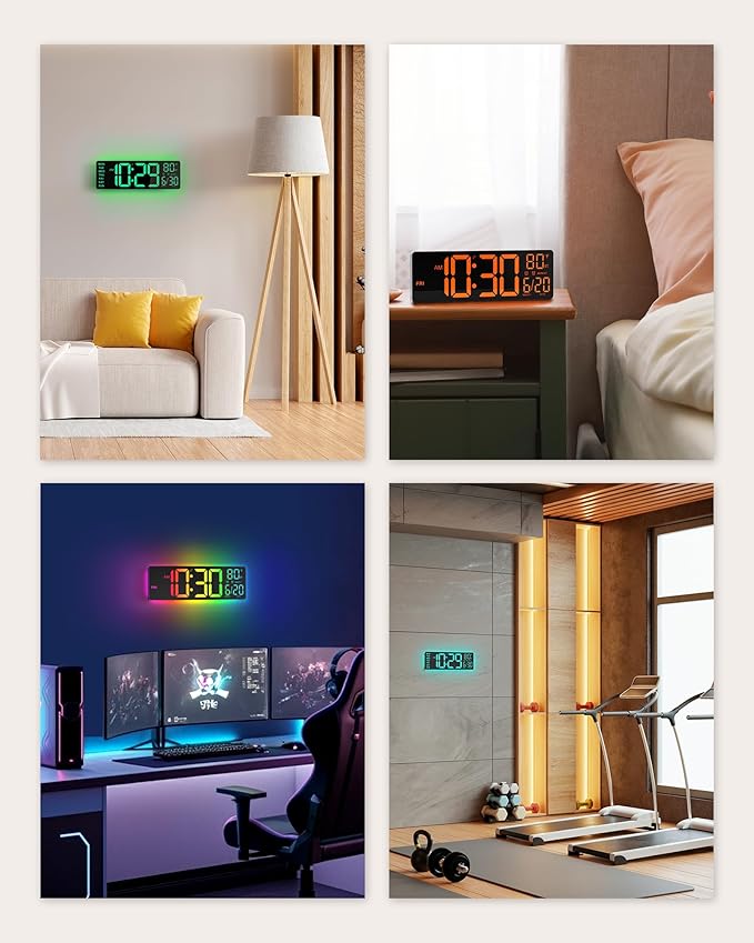 EASYERA 12" Digital Wall Clock for Classroom Livingroom Game Home Decor with LED Display RGB Lights, BIuetooth Sync, Dual Alarms, Auto DST, Countdown, Remote Control, Temperature