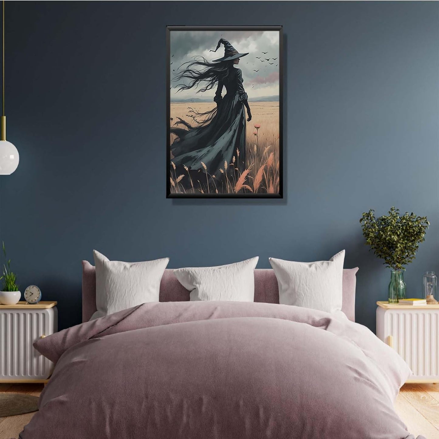 JFHCQJPK Gothic Decor Canvas Wall Art Witch in Rice Field Halloween Art Decor Print Nature Print Victorian Home Bedroom20x30in Metal blackFramed
