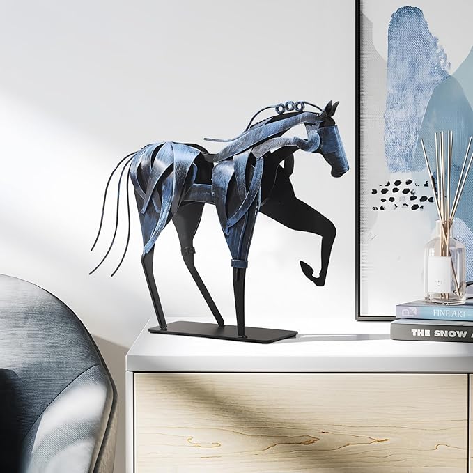 SunBlogs Art Metal Horse Statue Décor, Handmade & Hand-Painted Modern Western Horse Decoration, Rustic Iron Sculpture Gifts for Home Office for Horse Lovers (Vintage Blue)