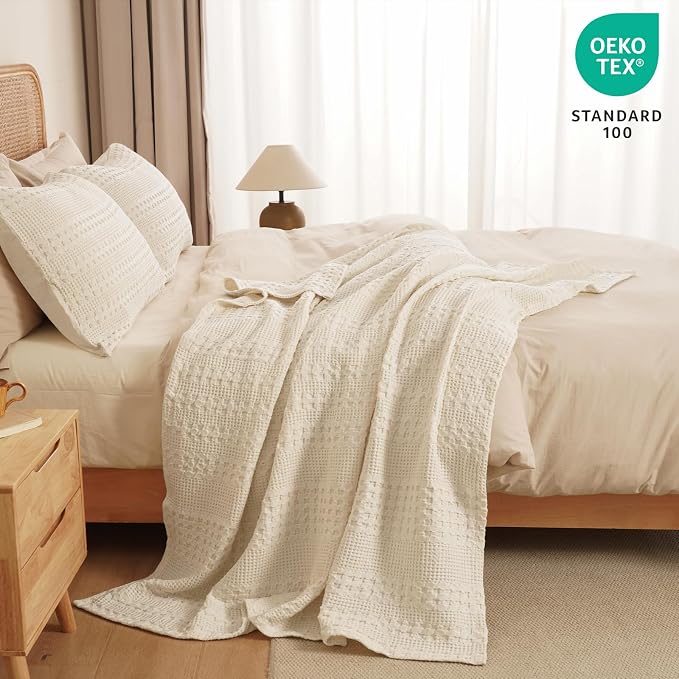 PHF 100% Cotton Waffle Throw Blanket for Couch, Lightweight Breathable and Soft for Summer, Luxury Aesthetic Waffle Weave Blanket for Home Decor & Office, Gifts for Women, 50"x60", Natural