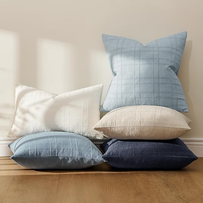 MIULEE Decorative Linen Check Euro Shams Throw Pillow Covers Neutral Farmhouse Vintage Pillow Covers 24x24 Set of 2 Boho Modern Home Decor for Sofa Couch Bedroom Cushion Navy Blue