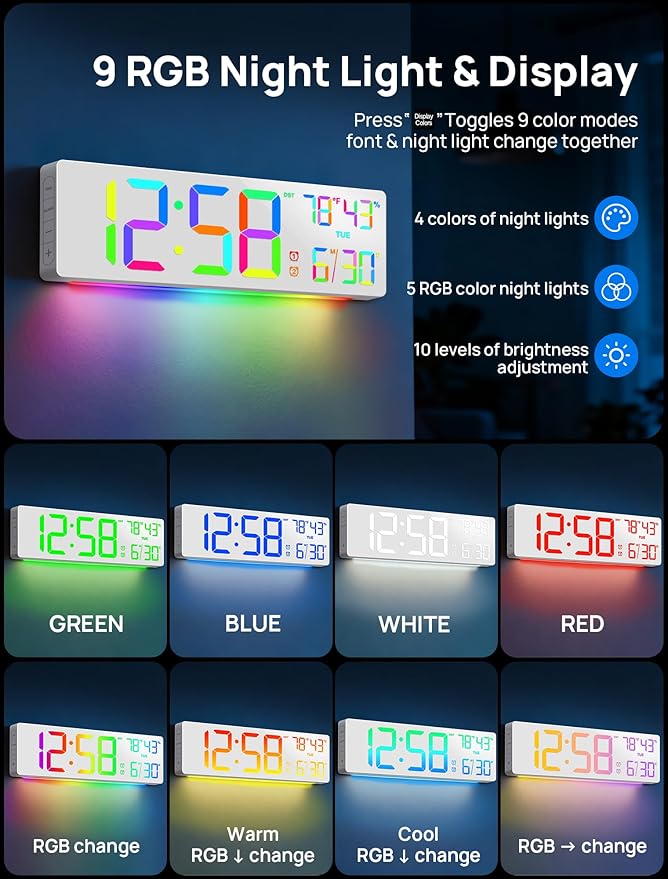 18.5" Large Digital Wall Clock with Remote Control, Big LED Display Digital Clocks with Night Light, Alarm, Countdown, DST, Temp, Date for Living Room, Bedroom, Office, Gifts for Seniors(White)