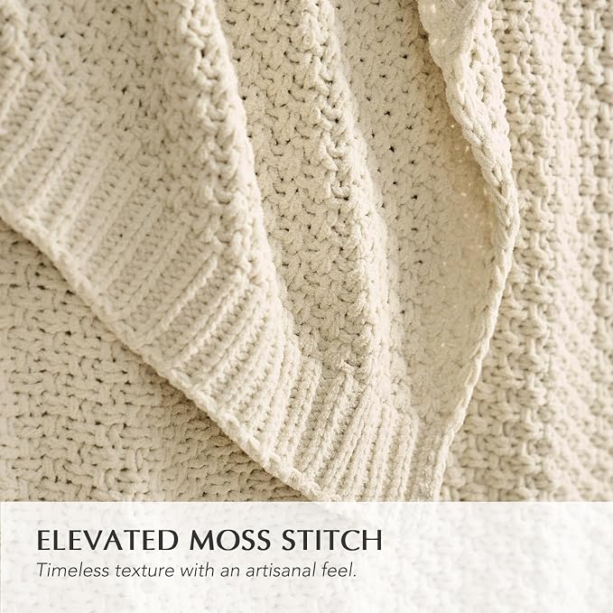 EVERGRACEHOME Chunky Chenille Knit Throw Blanket for Couch, Soft Luxurious Oversized King Moss Stitch Blanket for Bed, Large Cozy Farmhouse Knitted Throw for Sofa, Beige, 92" x 108"