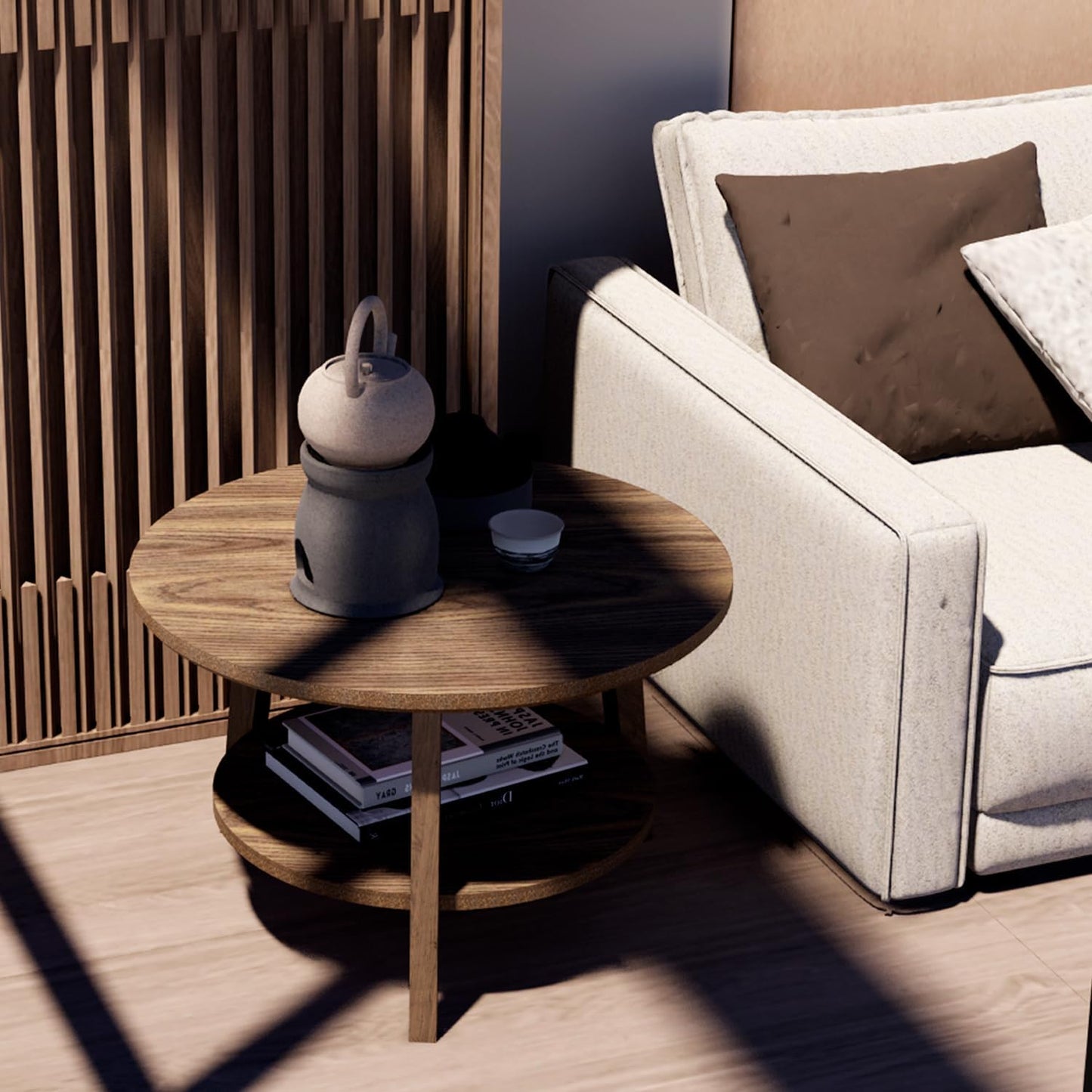 2-Tier Round Coffee Table Wood Nesting Side Table (Walnut, 28x28x18)